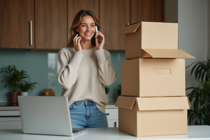 Femme souriante au téléphone près de cartons et ordinateur dans un appartement