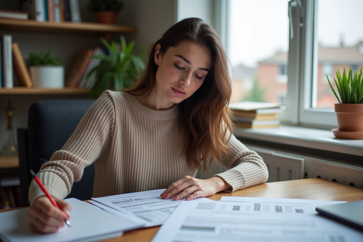 Femme jeune remplissant ses documents fiscaux à son bureau