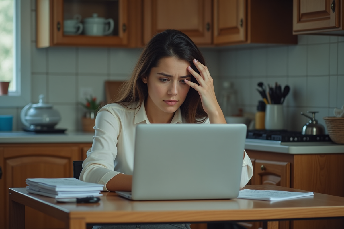 Jeune femme inquiète devant son ordinateur dans la cuisine