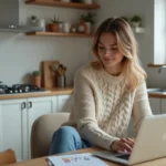 Jeune femme au laptop dans sa cuisine cosy