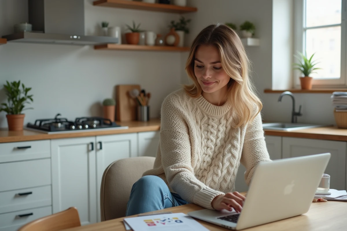 Jeune femme au laptop dans sa cuisine cosy
