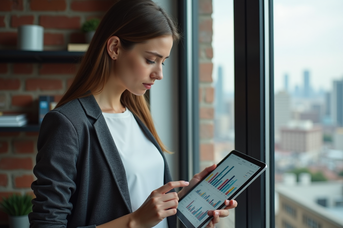 Jeune femme professionnelle analysant un graphique immobilier
