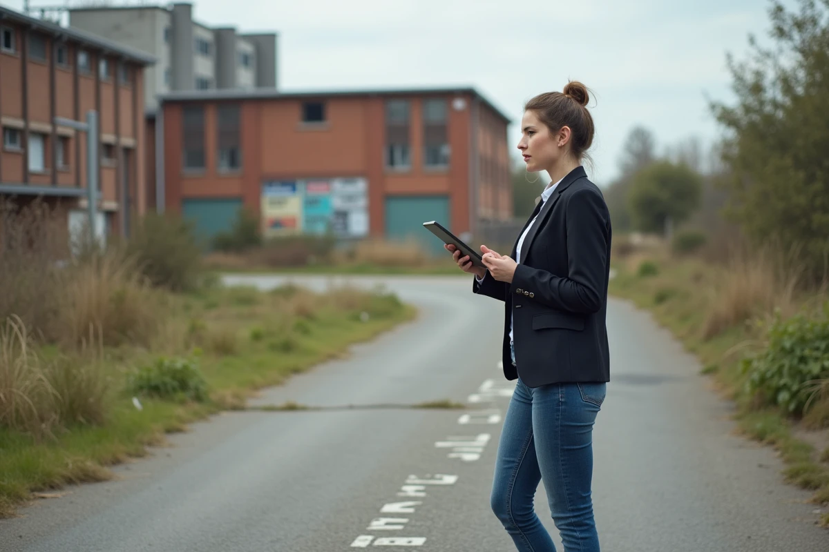 Jeune femme observant un terrain vacant en ville