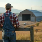 Ferme rurale avec fermier regardant le chantier agricole