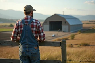 Ferme rurale avec fermier regardant le chantier agricole