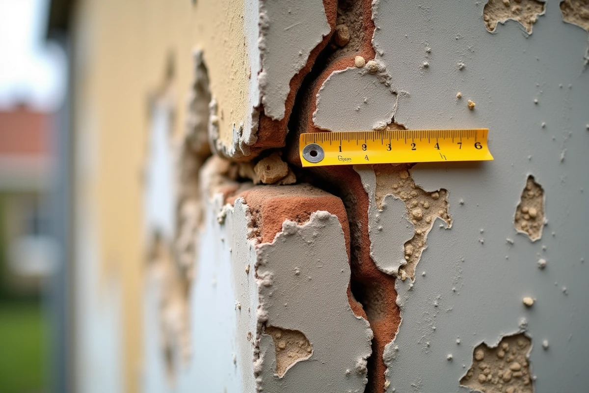 Fissure structurelle en escalier sur façade de maison avec jauge de suivi de fissure installée