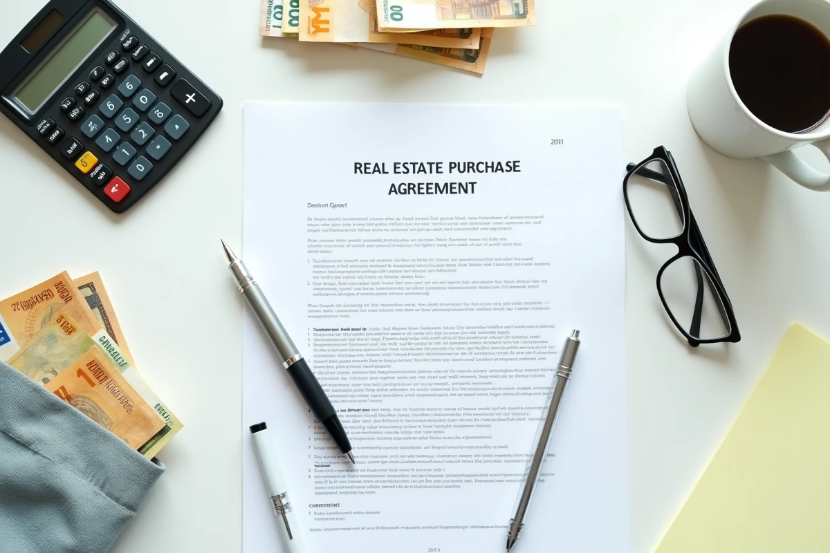 Vue aérienne d'un contrat immobilier avec calculatrice, notes manuscrites de frais de notaire et billets en euros sur un bureau