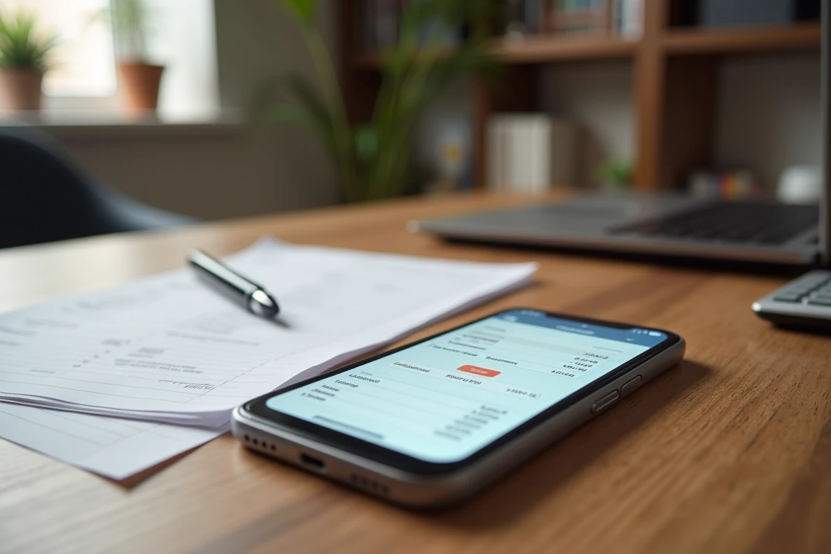 Tableau de bord Airbnb sur smartphone avec feuille de calcul des frais de ménage sur un bureau en bois