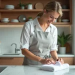 Hôte Airbnb pliant une serviette propre dans une cuisine moderne lors du ménage entre deux locations