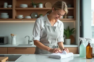 Hôte Airbnb pliant une serviette propre dans une cuisine moderne lors du ménage entre deux locations