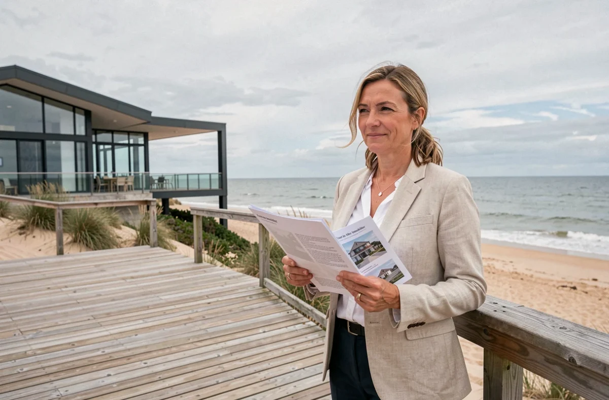 Agente de Front de Mer Immobilier sur un ponton en bois face à l'Atlantique avec une propriété côtière des Landes
