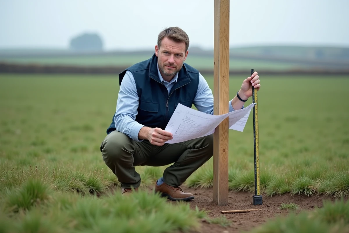 Géomètre mesurant un terrain agricole avec un mètre ruban et un plan cadastral pour convertir les ares en mètres carrés