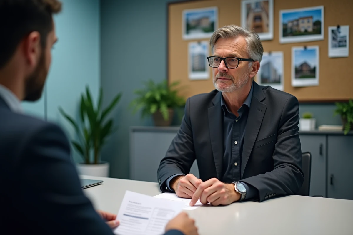 Gestionnaire immobilier expliquant une régularisation de charges locatives à un locataire en agence