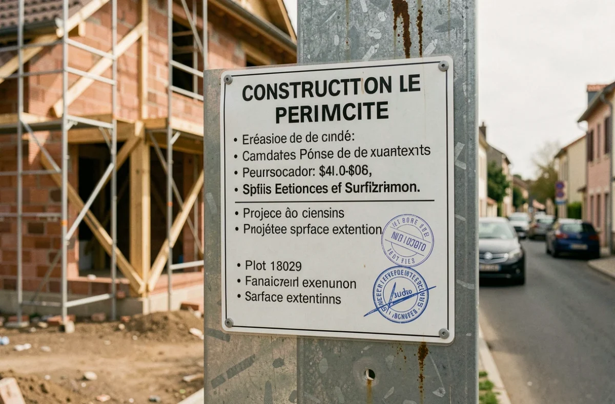 Gros plan sur un panneau réglementaire de déclaration préalable de travaux fixé sur un poteau métallique devant un chantier résidentiel