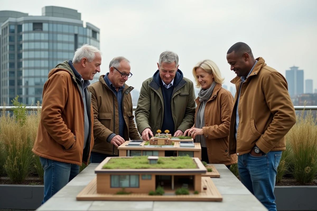 Groupe diversifié observant des maquettes durables en rooftop
