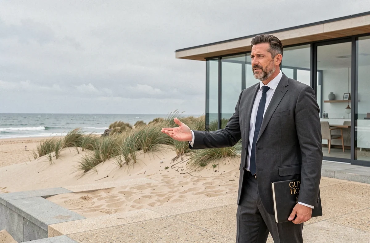 Agent Guy Hoquet Oceine Immobilier sur le front de mer d'une ville côtière des Landes avec une villa moderne