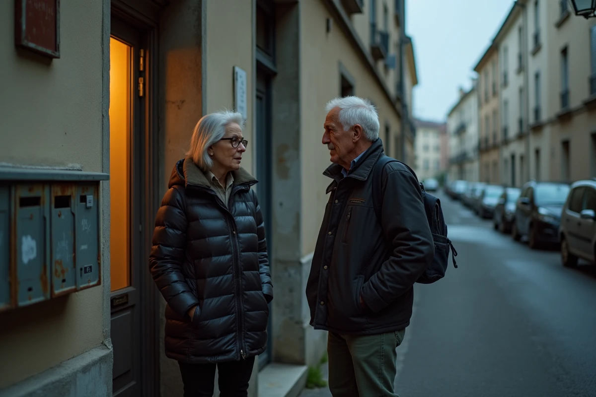 Deux habitants d'un quartier de Blois discutant devant leur immeuble le soir, expression préoccupée, ambiance de témoignage de vie locale nocturne