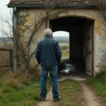 Homme en jeans et veste regardant une maison abandonnée