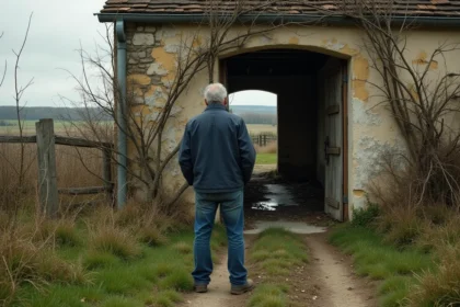 Homme en jeans et veste regardant une maison abandonnée