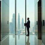 Homme d'affaires regardant la skyline de Dubai depuis Almas Tower