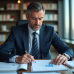 Homme d'affaires en costume analysant des documents financiers