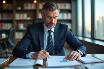 Homme d'affaires en costume analysant des documents financiers