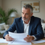 Homme d'affaires en costume bleu examine des documents immobiliers