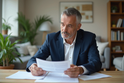 Homme d'affaires en costume bleu examine des documents immobiliers