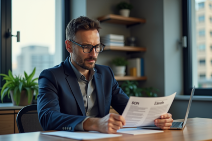 Homme d'affaires en costume bleu dans un bureau moderne