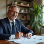 Homme d'affaires en costume examinant documents immobiliers