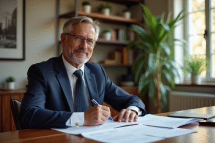 Homme d'affaires en costume examinant documents immobiliers