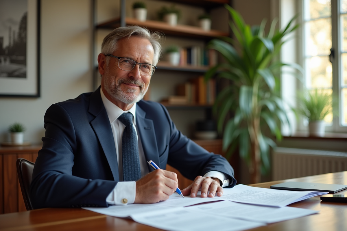 Homme d'affaires en costume examinant documents immobiliers