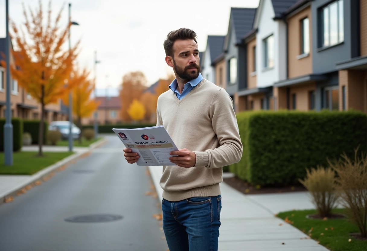 Homme regarde une rangée de maisons neuves dans une rue résidentielle