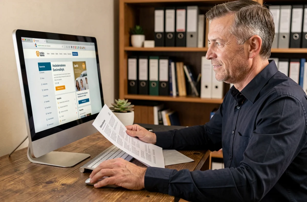 Homme consultant un site d'assurance habitation en ligne depuis son bureau à domicile avec un document imprimé