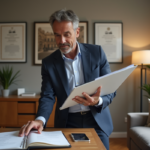 Homme d'affaires avec clés et dossier dans un salon parisien