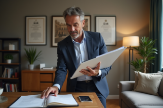 Homme d'affaires avec clés et dossier dans un salon parisien