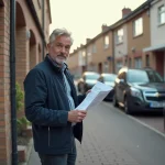 Homme devant un garage en copropriété tenant une fiche de prix immobilier, illustration du prix au m2 d'un garage en 2026