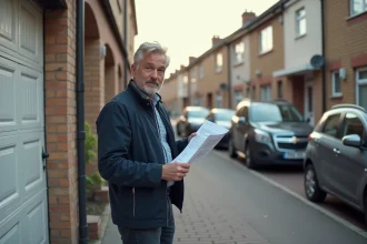 Homme devant un garage en copropriété tenant une fiche de prix immobilier, illustration du prix au m2 d'un garage en 2026