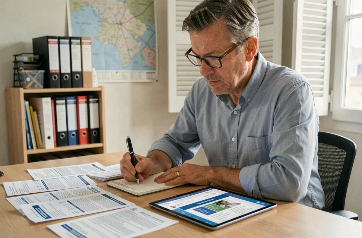 Homme analysant des devis d'assurance habitation sur son bureau à domicile à Montreuil