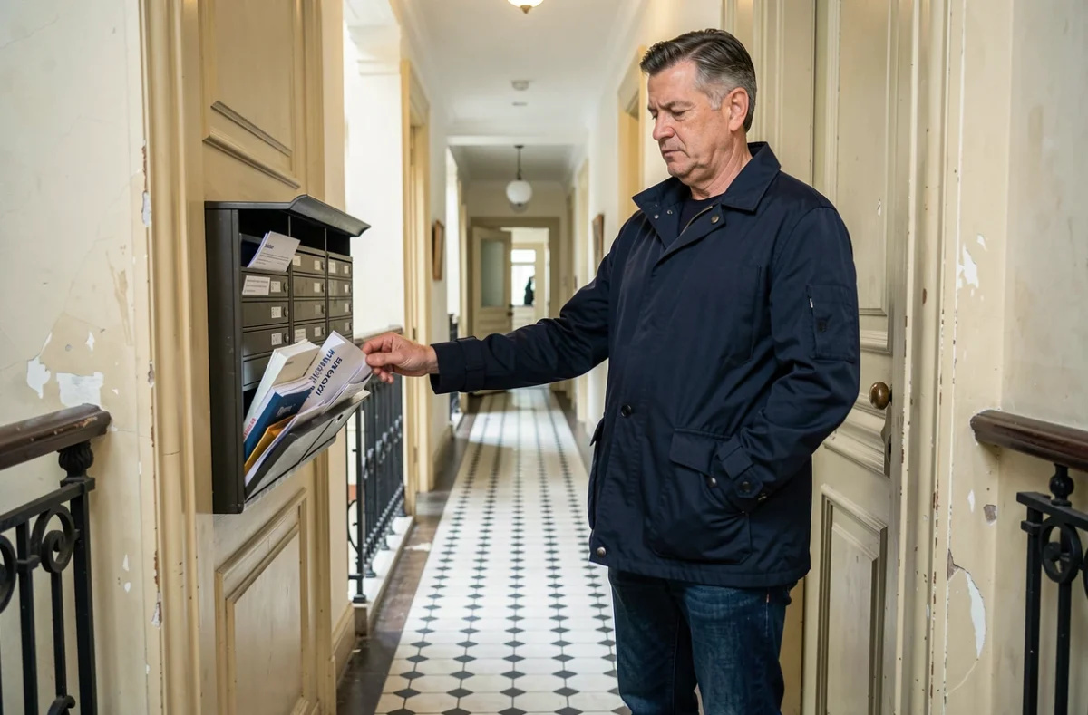 Homme devant l'entrée d'un immeuble haussmannien à Lille consultant son courrier d'assurance