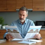 Homme d'âge moyen étudiant des brochures immobilières dans une cuisine moderne