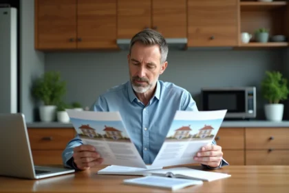 Homme d'âge moyen étudiant des brochures immobilières dans une cuisine moderne