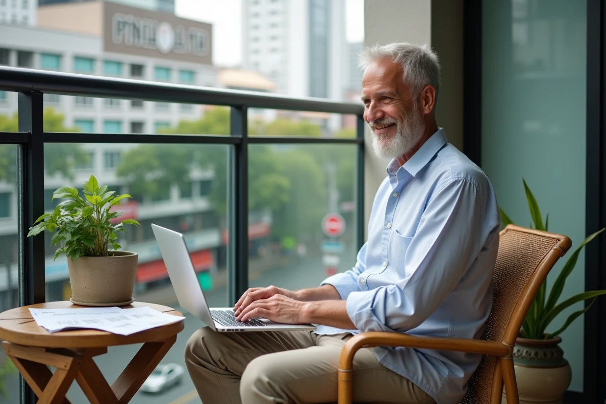 Homme d age moyen sur balcon avec documents et ordinateur