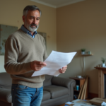 Homme d'âge moyen dans un salon en train de lire des documents