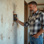 Homme mesurant l'humidite d'un mur intérieur humide