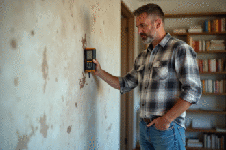 Homme mesurant l'humidite d'un mur intérieur humide