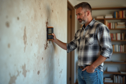 Homme mesurant l'humidite d'un mur intérieur humide