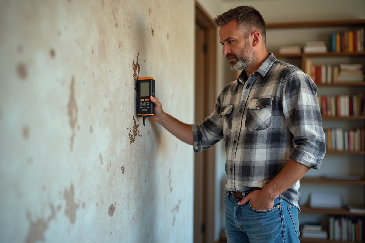 Homme mesurant l'humidite d'un mur intérieur humide