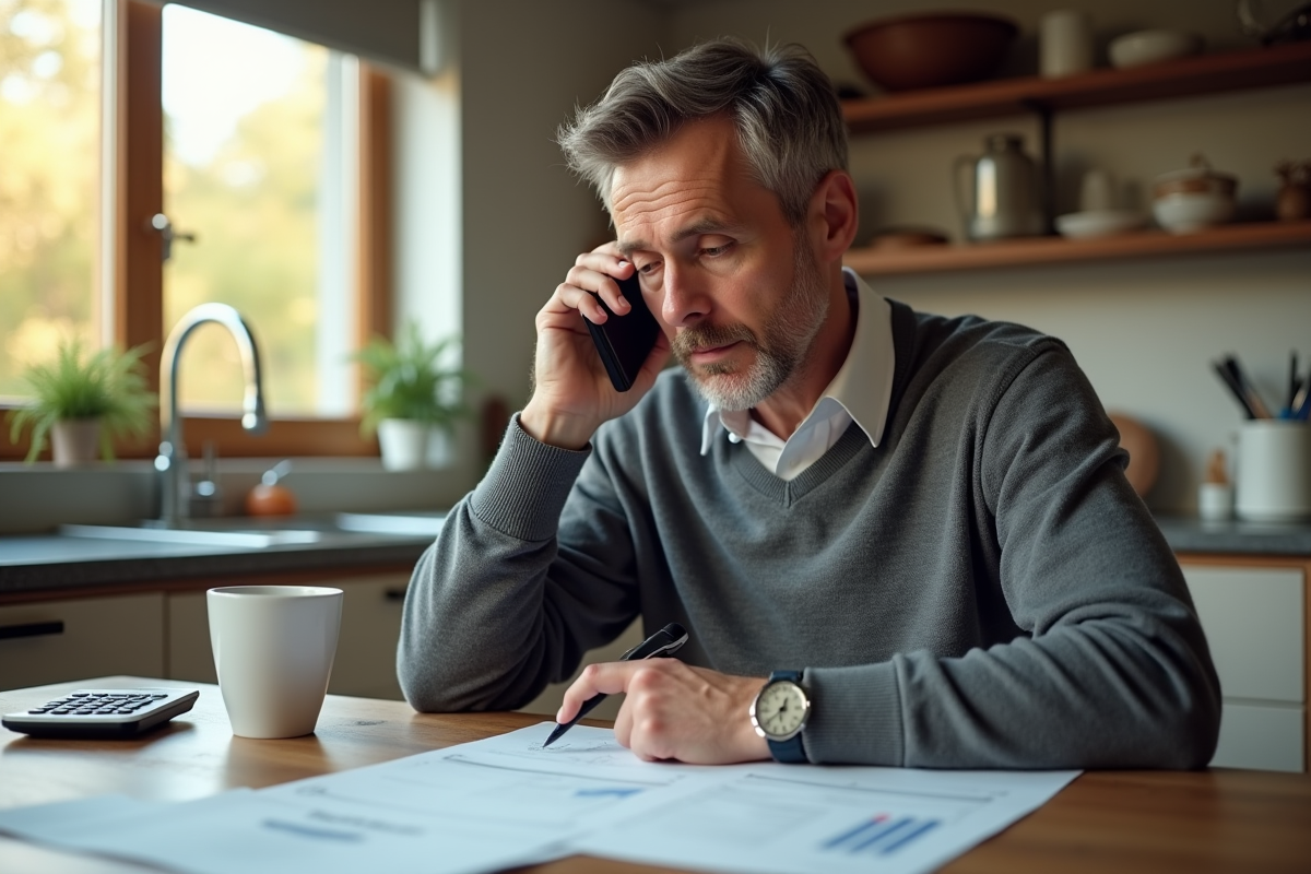 Homme au téléphone avec papiers de prêt immobilier