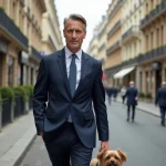 Homme parisien en costume marche avec son chien dans une avenue élégante